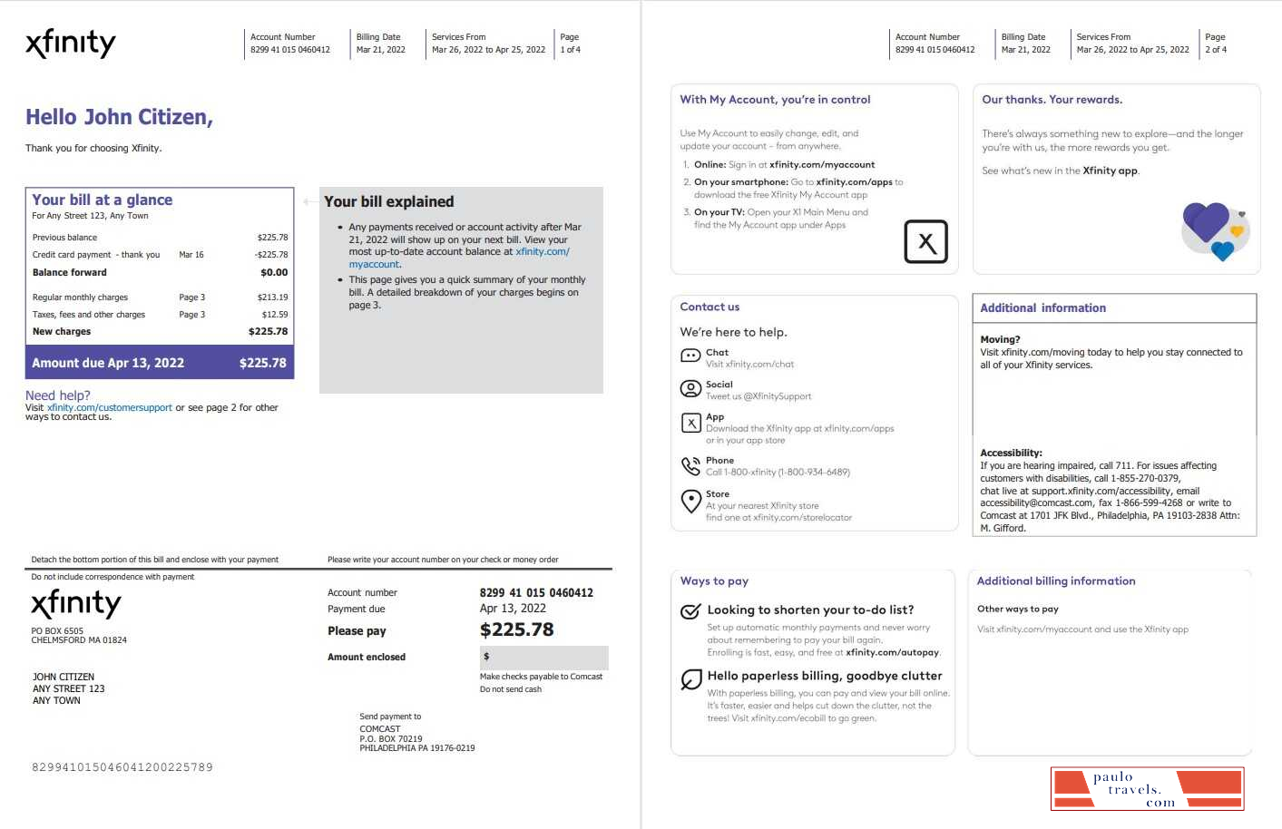 USA Philadelphia Xfinity utility bill Word and PDF template, 4 pages 1 2